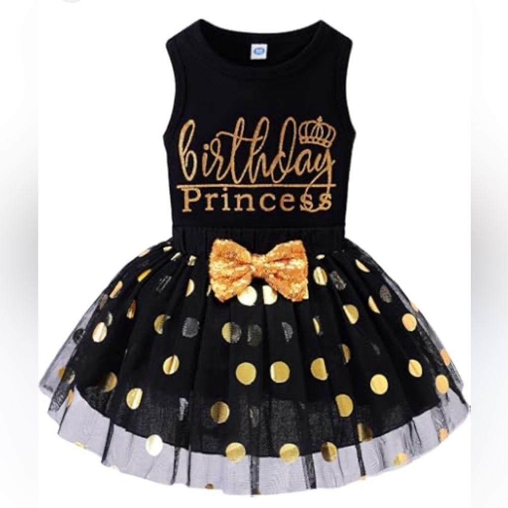 “Birthday Princess” Black & Gold 2 Piece Party Outfit - Size 140 (US 8-10) NWT